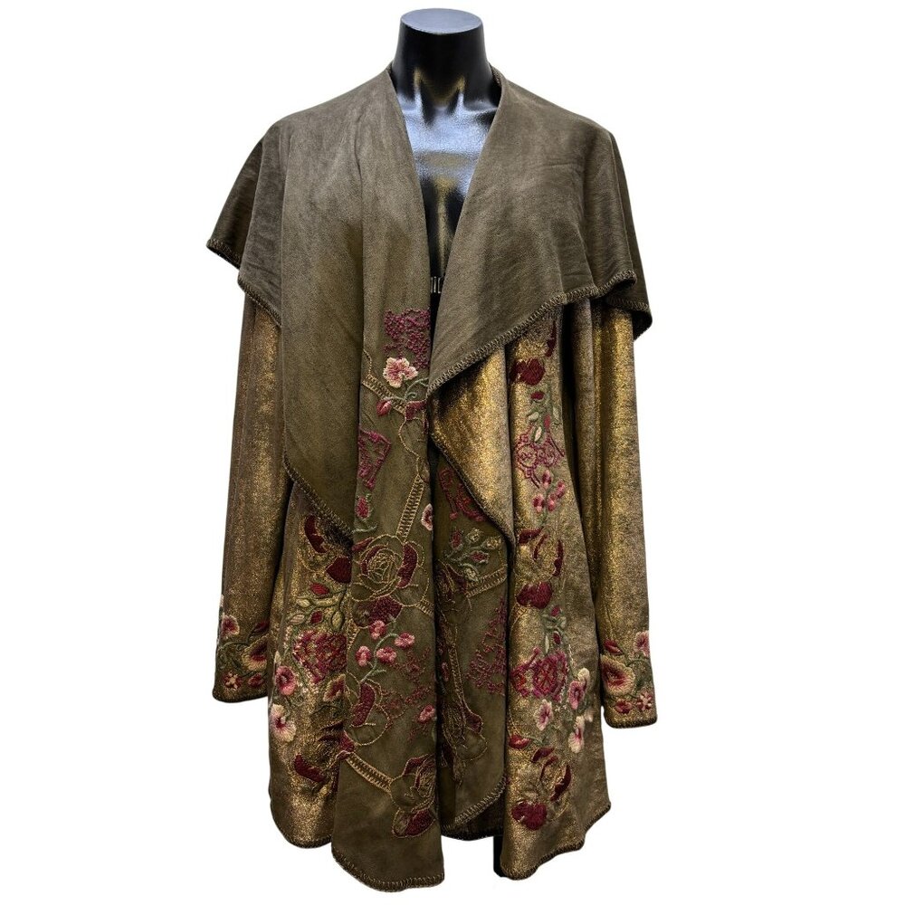Biya Johnny Was Olive Hooded Embroidered Open-Front Jacket M - Picture 5 of 9